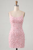 Pink Yellow Floral Bodycon Lace Up Back Spaghetti Straps Short Homecoming Dress with Beading