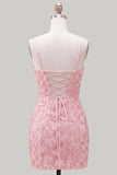 Pink Yellow Floral Bodycon Lace Up Back Spaghetti Straps Short Homecoming Dress with Beading