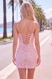 Pink Yellow Floral Bodycon Lace Up Back Spaghetti Straps Short Homecoming Dress with Beading