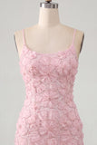Pink Yellow Floral Bodycon Lace Up Back Spaghetti Straps Short Homecoming Dress with Beading