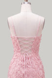 Pink Yellow Floral Bodycon Lace Up Back Spaghetti Straps Short Homecoming Dress with Beading