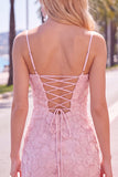 Pink Yellow Floral Bodycon Lace Up Back Spaghetti Straps Short Homecoming Dress with Beading