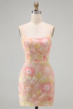 Pink Yellow Floral Bodycon Lace Up Back Pearl Short Homecoming Dress with Beading
