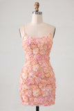 Pink Yellow Floral Bodycon Lace Up Back Spaghetti Straps Short Homecoming Dress with Beading