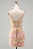 Pink Yellow Floral Bodycon Lace Up Back Pearl Short Homecoming Dress with Beading