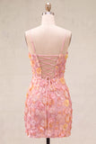Pink Yellow Floral Bodycon Lace Up Back Spaghetti Straps Short Homecoming Dress with Beading