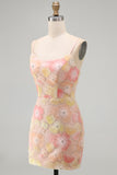 Pink Yellow Floral Bodycon Lace Up Back Pearl Short Homecoming Dress with Beading