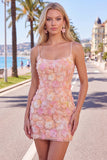 Pink Yellow Floral Bodycon Lace Up Back Spaghetti Straps Short Homecoming Dress with Beading