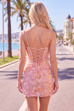 Pink Yellow Floral Bodycon Lace Up Back Spaghetti Straps Short Homecoming Dress with Beading
