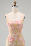 Pink Yellow Floral Bodycon Lace Up Back Pearl Short Homecoming Dress with Beading