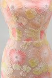 Pink Yellow Floral Bodycon Lace Up Back Pearl Short Homecoming Dress with Beading