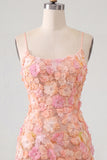 Pink Yellow Floral Bodycon Lace Up Back Spaghetti Straps Short Homecoming Dress with Beading
