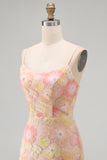 Pink Yellow Floral Bodycon Lace Up Back Pearl Short Homecoming Dress with Beading