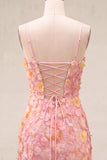 Pink Yellow Floral Bodycon Lace Up Back Spaghetti Straps Short Homecoming Dress with Beading