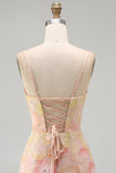 Pink Yellow Floral Bodycon Lace Up Back Pearl Short Homecoming Dress with Beading