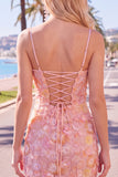 Pink Yellow Floral Bodycon Lace Up Back Spaghetti Straps Short Homecoming Dress with Beading