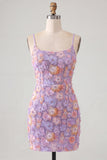 Pink Yellow Floral Bodycon Lace Up Back Spaghetti Straps Short Homecoming Dress with Beading