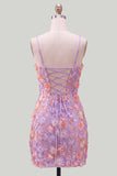Pink Yellow Floral Bodycon Lace Up Back Spaghetti Straps Short Homecoming Dress with Beading