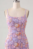 Pink Yellow Floral Bodycon Lace Up Back Spaghetti Straps Short Homecoming Dress with Beading