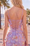 Pink Yellow Floral Bodycon Lace Up Back Spaghetti Straps Short Homecoming Dress with Beading