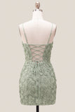 Pink Yellow Floral Bodycon Lace Up Back Spaghetti Straps Short Homecoming Dress with Beading