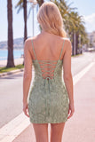 Pink Yellow Floral Bodycon Lace Up Back Spaghetti Straps Short Homecoming Dress with Beading