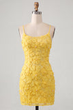 Pink Yellow Floral Bodycon Lace Up Back Spaghetti Straps Short Homecoming Dress with Beading