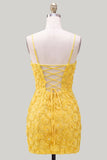 Pink Yellow Floral Bodycon Lace Up Back Spaghetti Straps Short Homecoming Dress with Beading