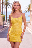 Pink Yellow Floral Bodycon Lace Up Back Spaghetti Straps Short Homecoming Dress with Beading