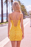 Pink Yellow Floral Bodycon Lace Up Back Spaghetti Straps Short Homecoming Dress with Beading