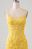 Pink Yellow Floral Bodycon Lace Up Back Spaghetti Straps Short Homecoming Dress with Beading