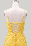 Pink Yellow Floral Bodycon Lace Up Back Spaghetti Straps Short Homecoming Dress with Beading