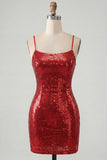 Sparkly Red Spaghetti Straps Bodycon Sequins Short Homecoming Dress with Lace Up Back