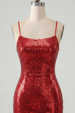Sparkly Red Spaghetti Straps Bodycon Sequins Short Homecoming Dress with Lace Up Back