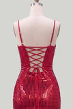 Sparkly Red Spaghetti Straps Bodycon Sequins Short Homecoming Dress with Lace Up Back