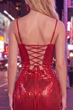 Sparkly Red Spaghetti Straps Bodycon Sequins Short Homecoming Dress with Lace Up Back