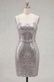 Sparkly Red Spaghetti Straps Bodycon Sequins Short Homecoming Dress with Lace Up Back