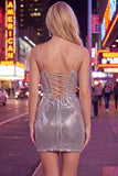 Sparkly Red Spaghetti Straps Bodycon Sequins Short Homecoming Dress with Lace Up Back