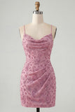 Dusty Rose Bodycon Ruched Lace Up Back Spaghetti Straps Short Homecoming Dress with Beading