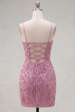 Dusty Rose Bodycon Ruched Lace Up Back Spaghetti Straps Short Homecoming Dress with Beading