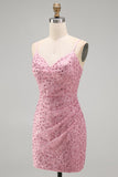 Dusty Rose Bodycon Ruched Lace Up Back Spaghetti Straps Short Homecoming Dress with Beading