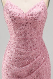 Dusty Rose Bodycon Ruched Lace Up Back Spaghetti Straps Short Homecoming Dress with Beading