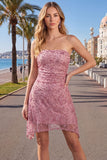 Strapless Dusty Rose Bodycon Ruched Short Homecoming Dress with Beading