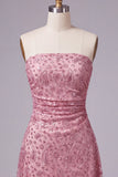 Strapless Dusty Rose Bodycon Ruched Short Homecoming Dress with Beading
