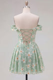 Off the Shoulder A-Line Green Floral Sequins Short Homecoming Dress with Lace Up Back