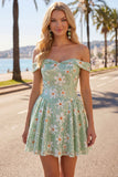 Off the Shoulder A-Line Green Floral Sequins Short Homecoming Dress with Lace Up Back