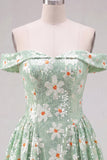 Off the Shoulder A-Line Green Floral Sequins Short Homecoming Dress with Lace Up Back