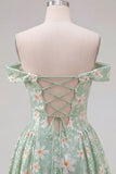 Off the Shoulder A-Line Green Floral Sequins Short Homecoming Dress with Lace Up Back
