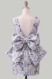 Pink Green Jacquard Bodycon Bateau Neck Floral Homecoming Dress with Large Bow