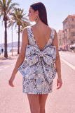 Pink Green Jacquard Bodycon Bateau Neck Floral Homecoming Dress with Large Bow